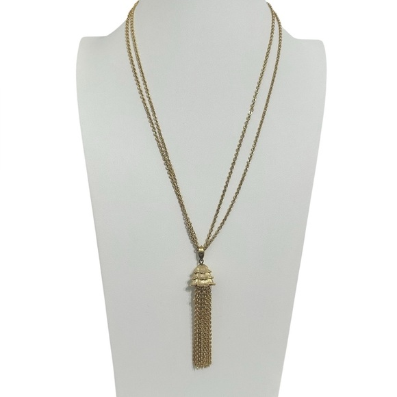 Monet Vintage Gold-Tone Tassel Necklace-Pagoda Pendant - Picture 1 of 7